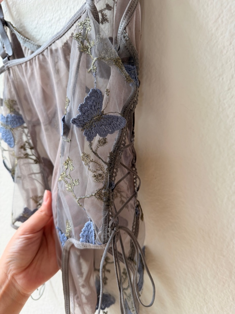 Sheer Butterfly Embroidered Bodysuit Lace Up Sides Gray Blue Mesh Lingerie Large - Picture 9 of 13